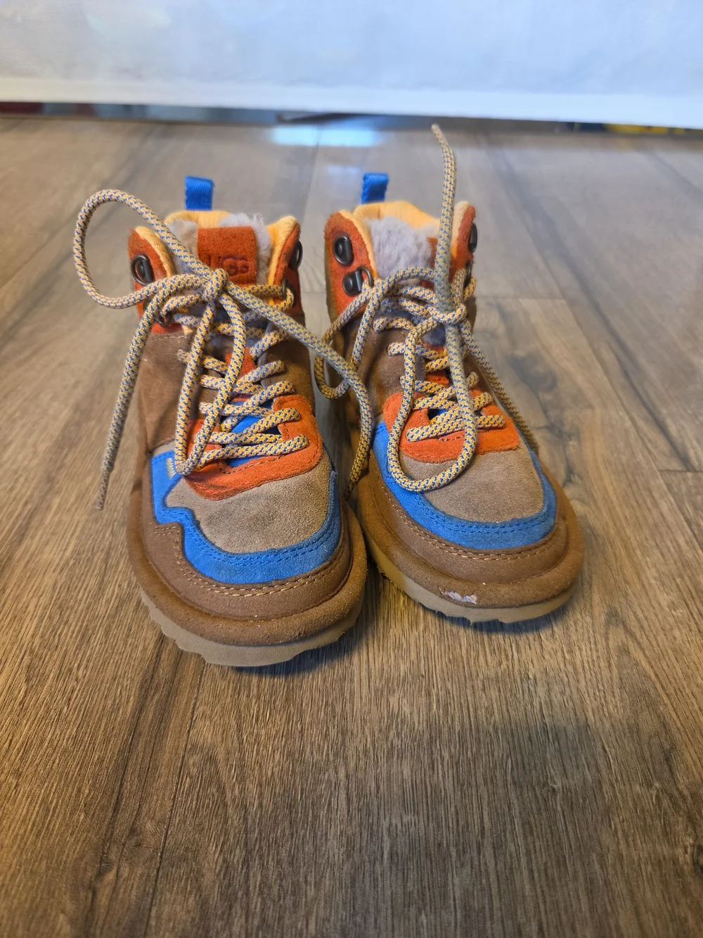 UGG Kids Brown Suede Boots with Orange & Blue Accents